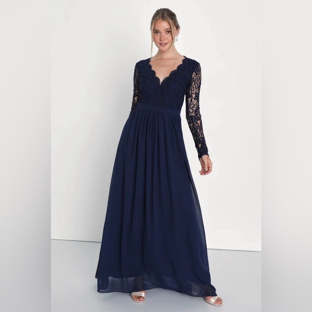 Awaken My Love Navy Blue Long Sleeve Lace Maxi Dress Medium